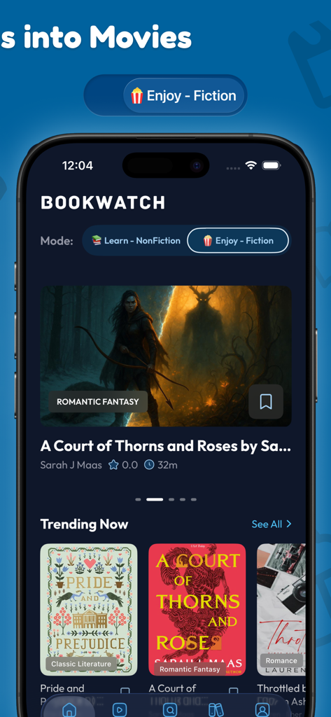 Interfaz de la aplicación móvil BookWatch que muestra resúmenes visuales de libros para títulos de ficción como Un tribunal de espinas y rosas.