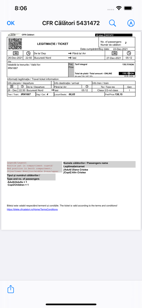 CFR Călători bilete online - Um bilhete de comboio digital exibido na aplicação móvel CFR Calatori mostrando os detalhes da viagem de Bucareste a Iasi