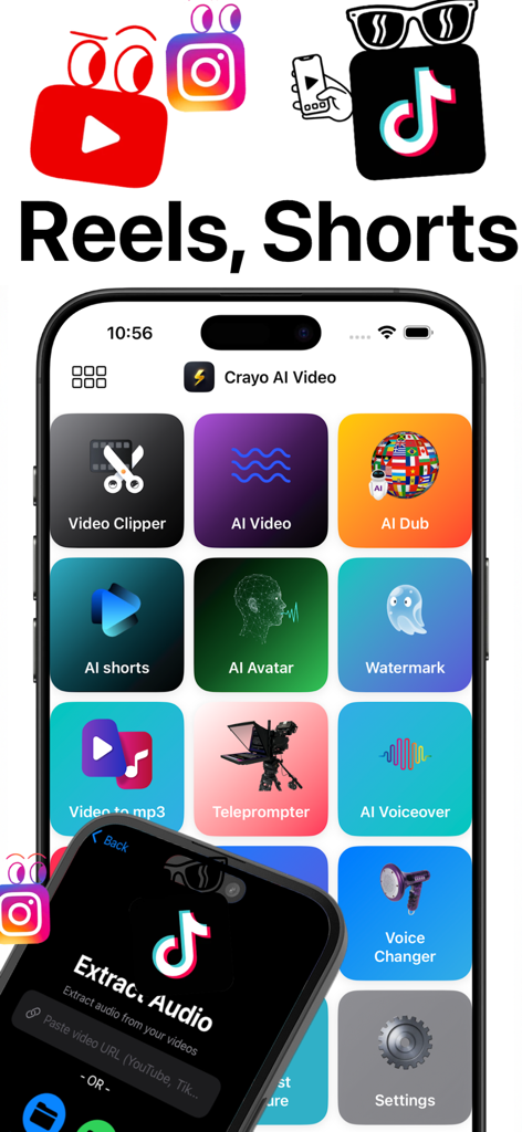 Crayo AI Video Clips Generator - AI 비디오, 비디오 클리퍼, AI 더빙 등 틱톡 및 릴스용 숏폼 비디오 제작 도구 그리드를 표시하는 Crayo AI용 모바일 앱 인터페이스.