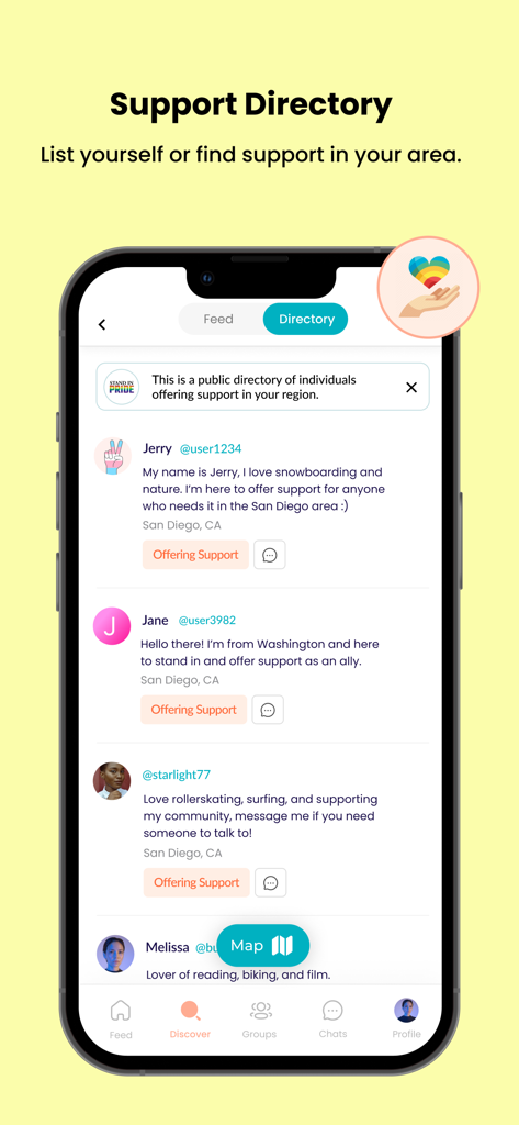 Stand In Pride - Interface of the Stand In Pride app showing the Support Directory with profiles of local users offering help to the LGBTQIA plus community