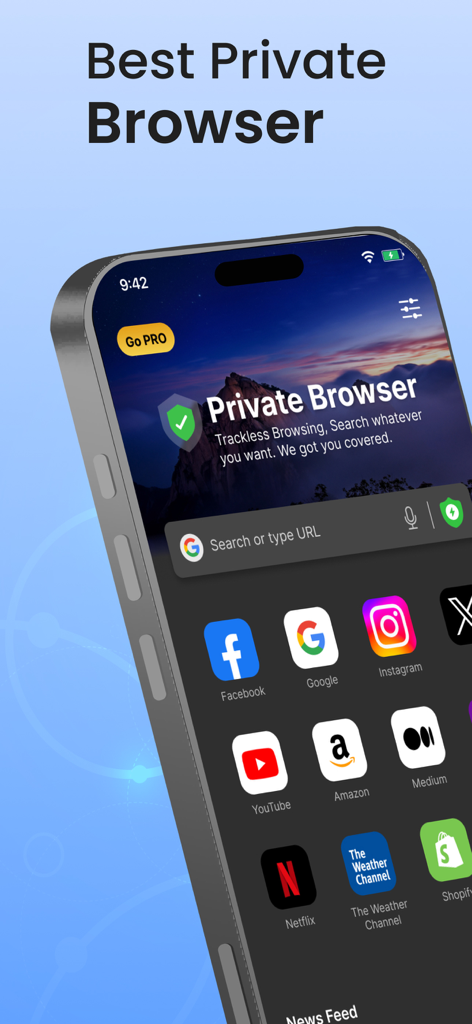 Private Browser,Incognito VPN - Oberfläche der Private Browser-App auf einem iPhone mit Suchleiste und Website-Verknüpfungen