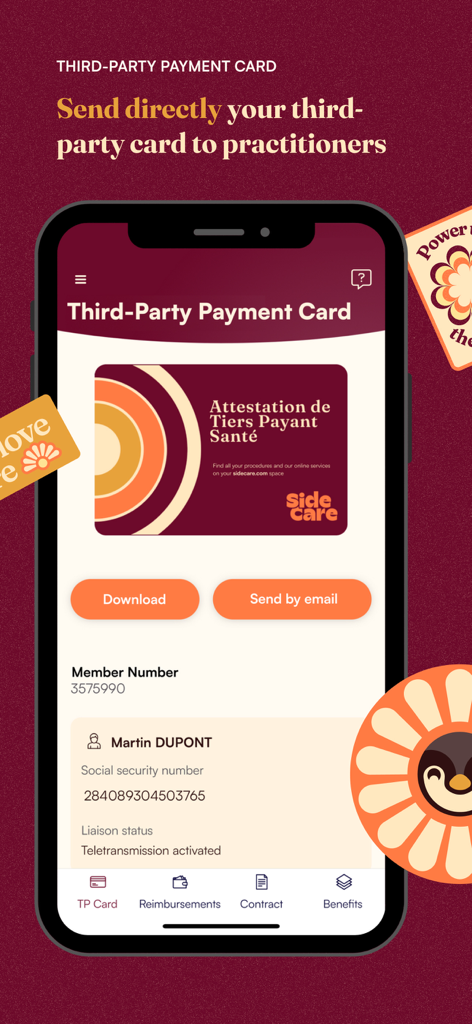 Interface de l'application SideCare affichant une carte de tiers payant d'assurance santé numérique pour un partage facile avec les praticiens.