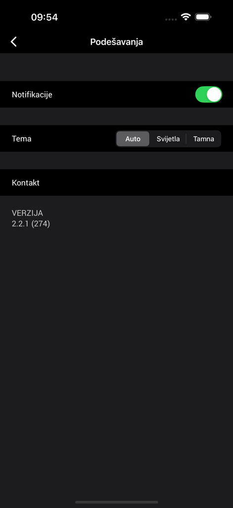 Settings screen of the Vijesti Ba news app showing notification and theme options