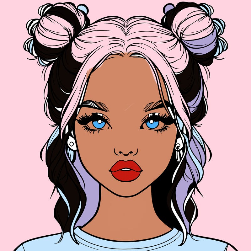 realistic girl with two buns in hair and lips
