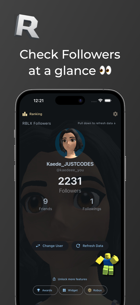 Blox Followers: Home Widget - Interfaz de la aplicación Blox Followers mostrando un perfil de usuario con 2231 seguidores y estadísticas sociales.