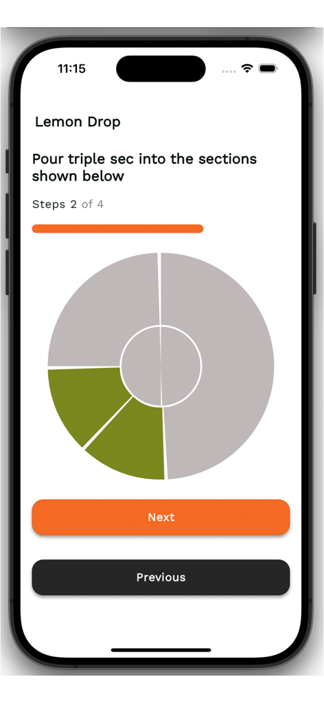 Bartifier - Bartifier app showing a circular diagram for pouring ingredients into the cocktail container sections