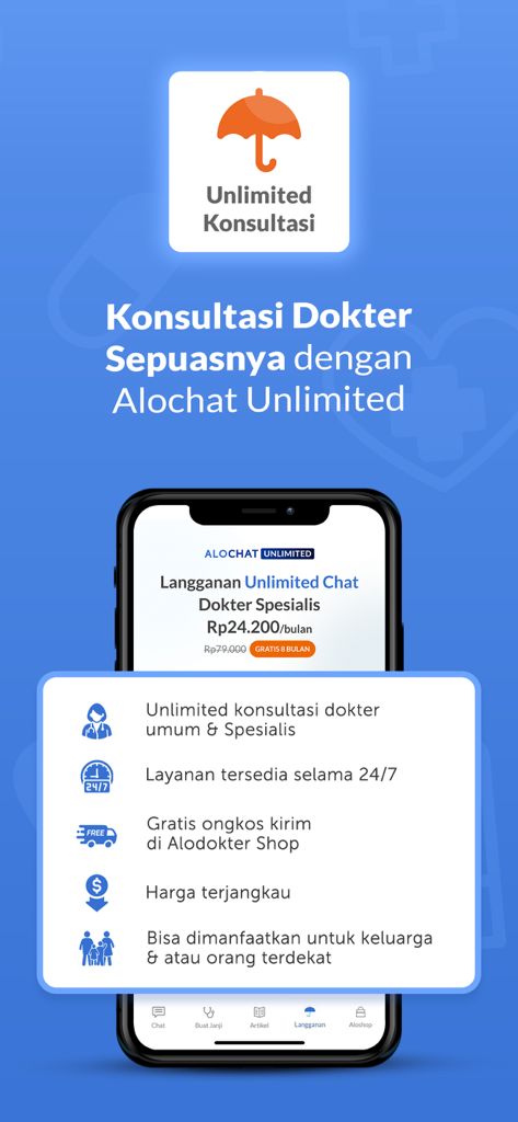 Alodokter: Chat Bersama Dokter - Alodokter mobile app screen showcasing the Alochat Unlimited subscription with features like 24/7 doctor chat and family benefits