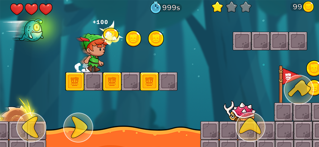 Jungle Adventure: Tribe Boy - Jogabilidade de Jungle Adventure Tribe Boy mostrando o personagem pulando e coletando moedas com controles retrô na tela.