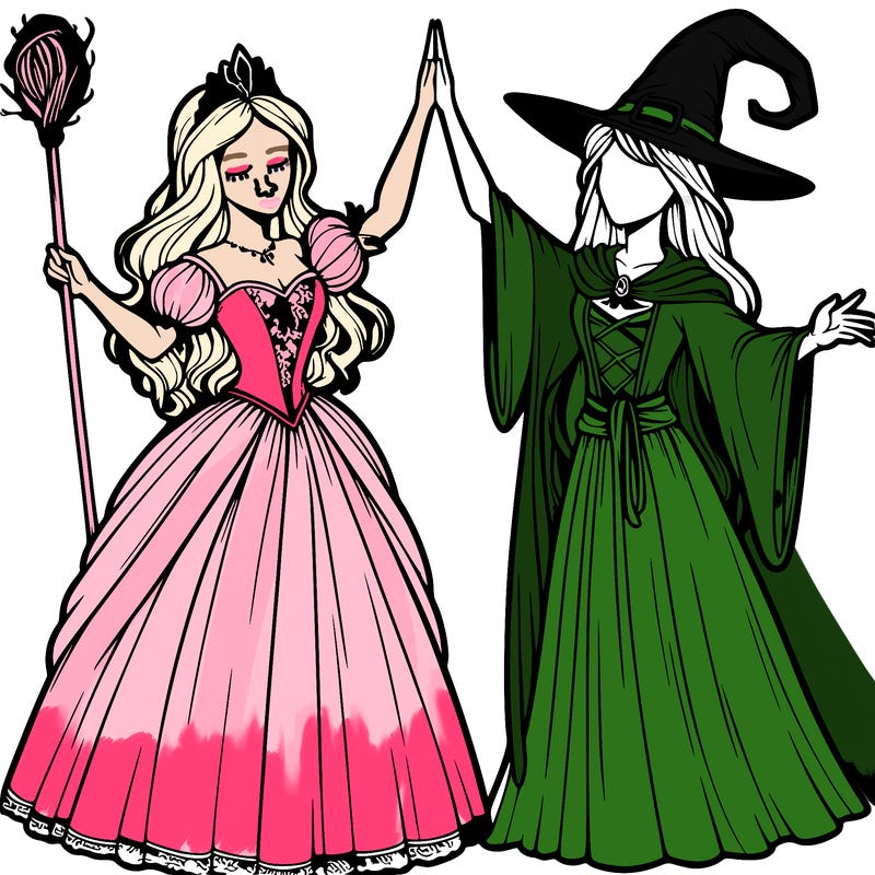 detailed realistic split of a princess and a witch
