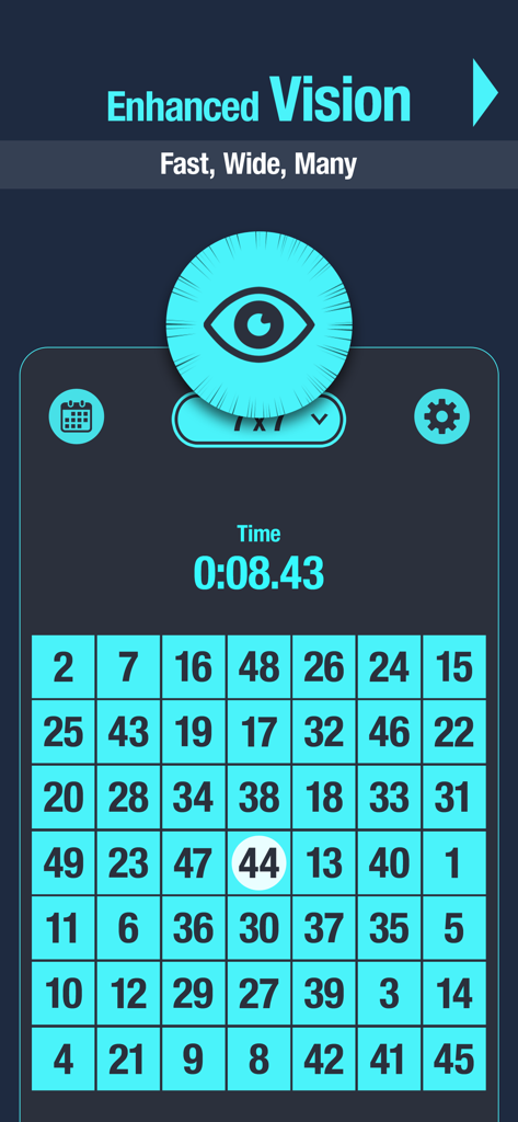 Peripheral Vision Trainer - Interfaz de Entrenador de Visión Periférica mostrando una Tabla Schulte de 7x7 y un temporizador