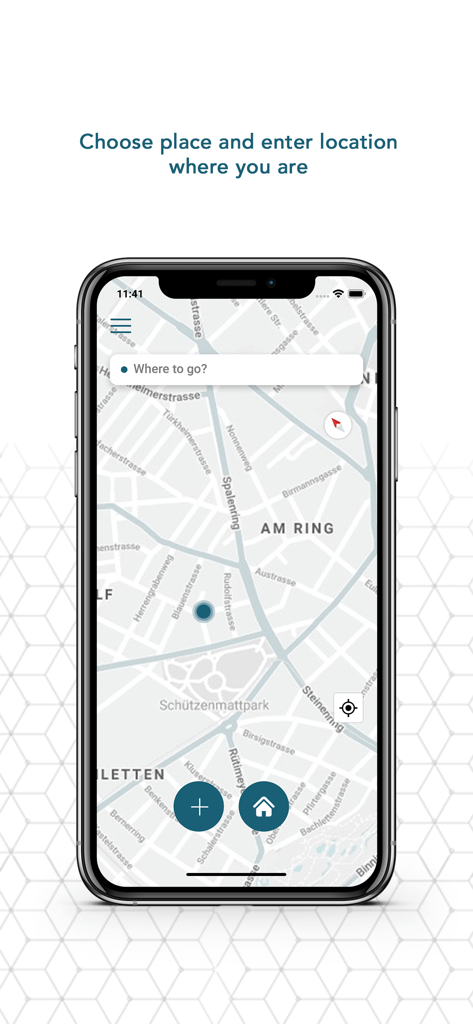 목적지를 선택하기 위한 검색창이 있는 지도 인터페이스를 보여주는 모바일 앱 화면.