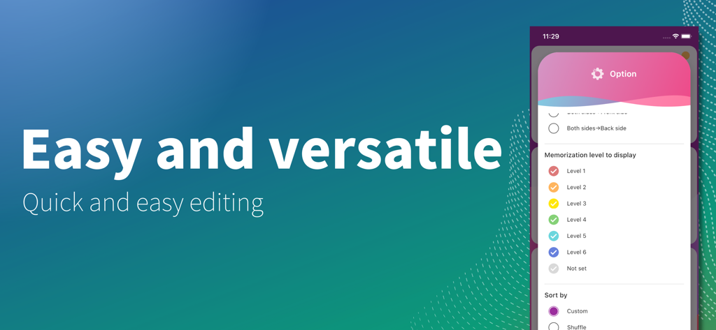 Flashcards maker - Easy to use - Ein mobiler App-Bildschirm mit dem Titel Option mit Filtern für Auswendiglernungsstufen und Sortierfunktionen
