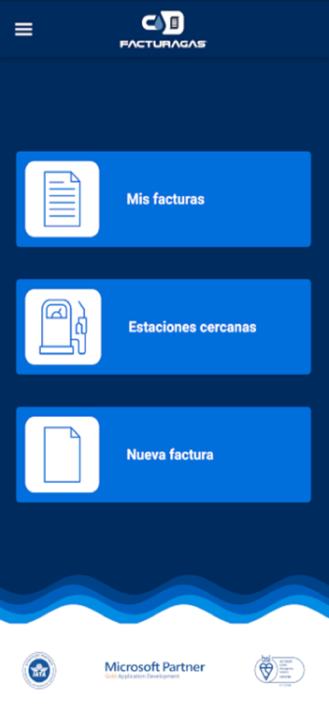 Hauptmenü der FacturaGAS-App mit Optionen für meine Rechnungen, nahegelegene Tankstellen und neue Rechnung