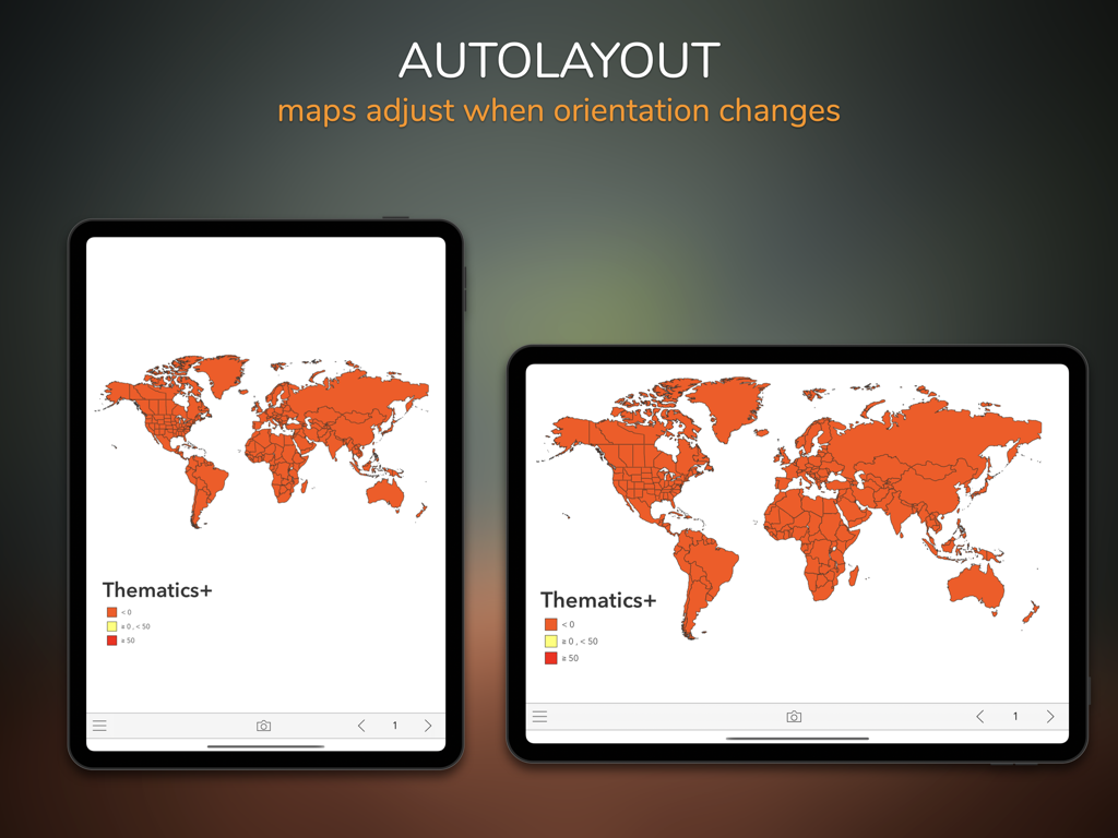Thematics+ for Infographics - Thematics Plus App zeigt Weltkarten-Infografiken, die sich zwischen Hoch- und Querformat auf einem iPad anpassen