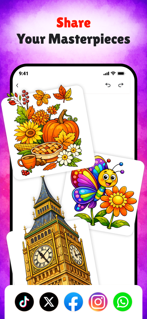 FillColor: Bliss Coloring Book - Mobile app interface for FillColor showing colored artwork and social media sharing icons