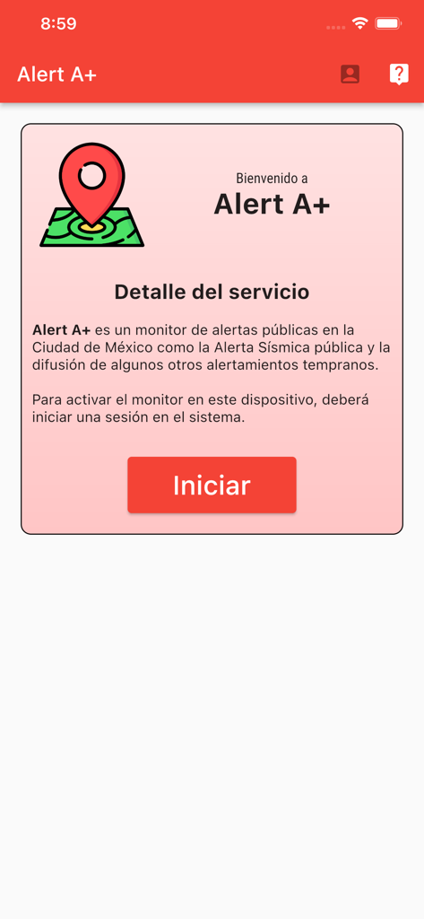 Welcome screen of Alert A plus app showing seismic alert service details for Mexico City
