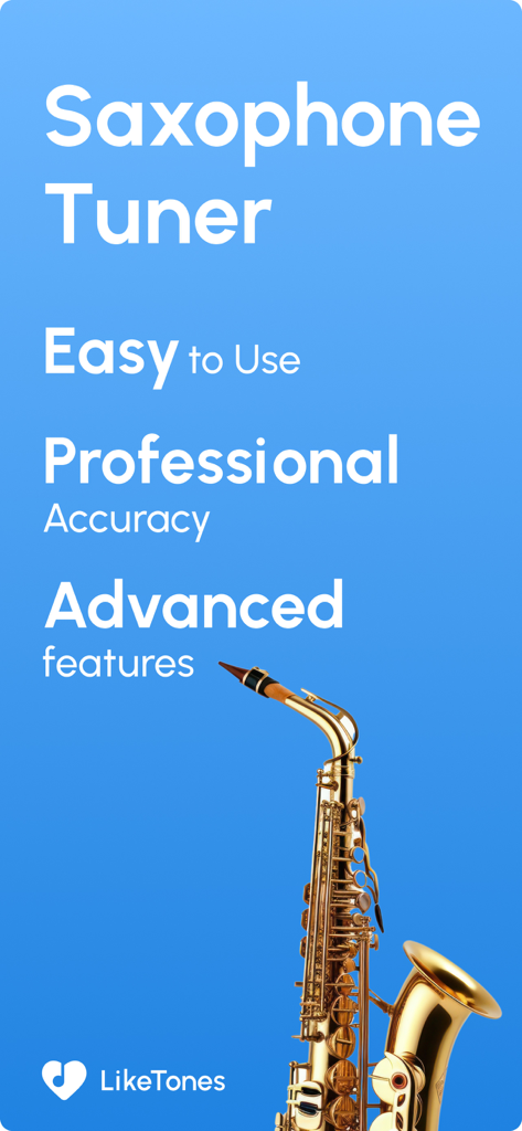 Saxophone Tuner app by LikeTones with professional accuracy and advanced features displayed next to a golden saxophone