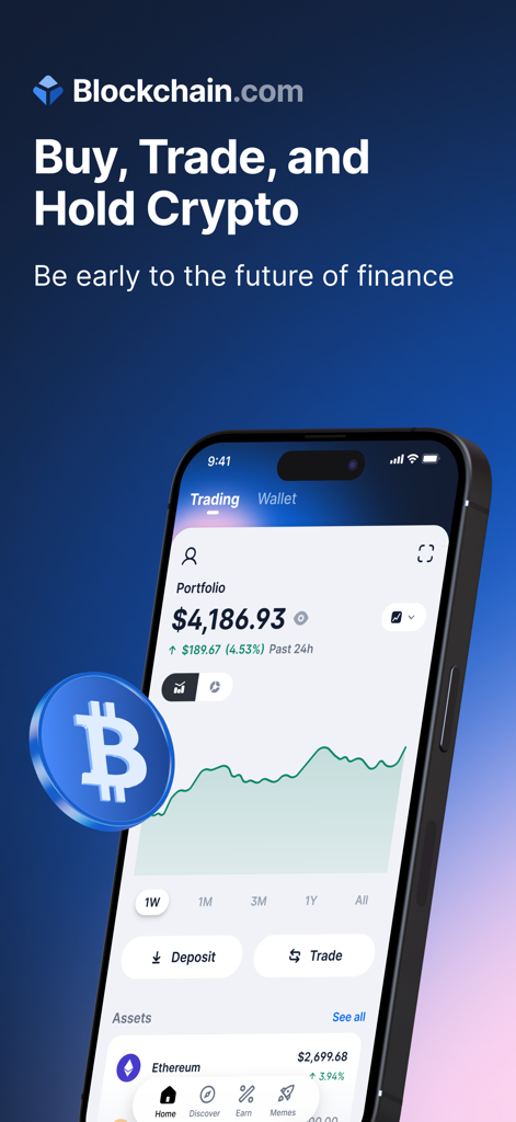 Blockchain.com: Buy Bitcoin - 암호화폐 구매, 거래 및 보유 옵션이 있는 Blockchain.com 앱 포트폴리오를 표시하는 스마트폰 화면