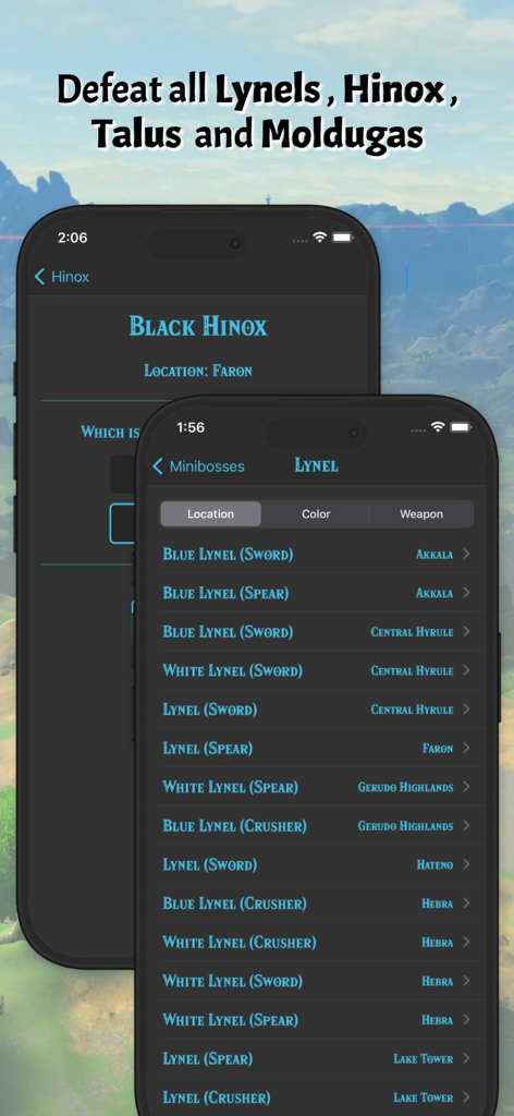Ein mobiler App-Bildschirm, der eine detaillierte Liste von Lynel-Standorten, Typen und Waffen für Zelda Breath of the Wild zeigt