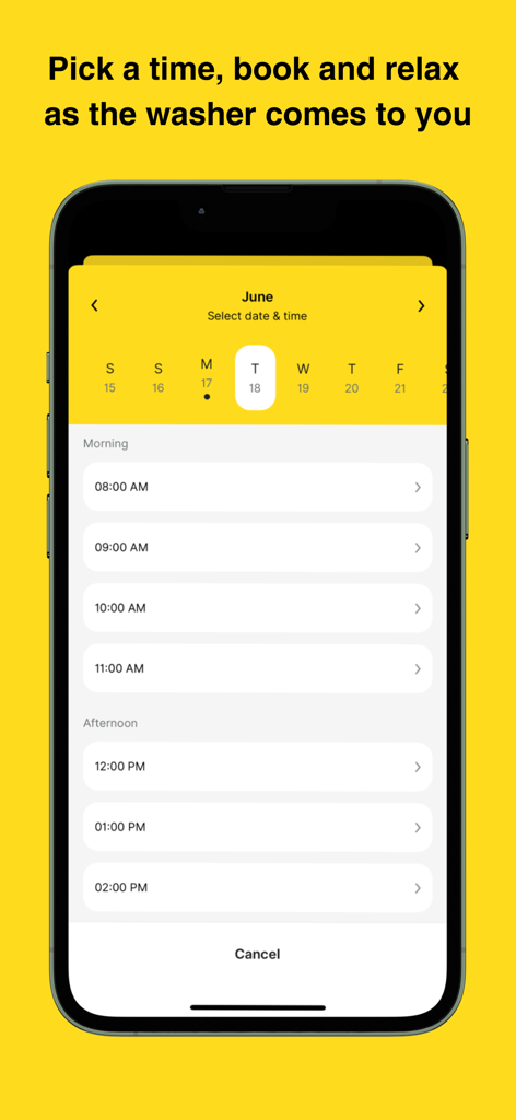 Clean Me - Mobile Car Wash - Pantalla de la app móvil que muestra la interfaz para seleccionar una fecha y hora para reservar un servicio de lavado de coches
