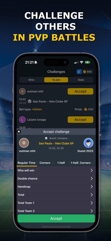 Bet Up - Sports Betting Game - Tela do aplicativo Bet Up mostrando desafios de apostas esportivas PvP e opções de previsão de partidas
