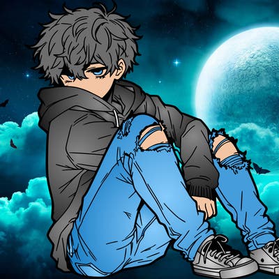 a male hoddie ripped jeans messy hair anime