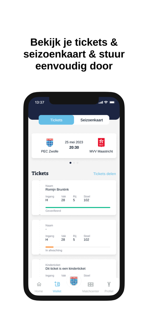 PEC Zwolle App - Digital ticket wallet in the PEC Zwolle mobile app displaying match and season tickets