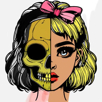 realistic girl with half skull mask