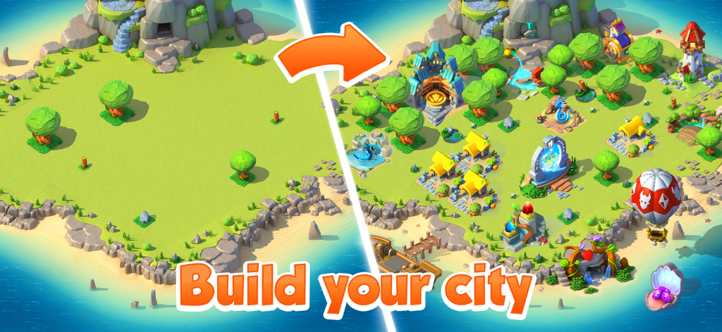 Dragon Mania Legends - Comparaison avant et après la transformation d'une île déserte en une cité de dragons florissante.