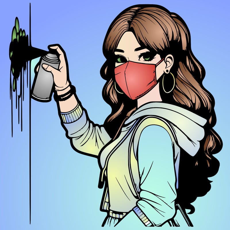 realistic girl with mask spray painting a wall