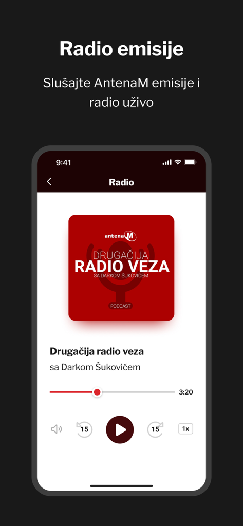 AntenaM mobile app radio player screen showing a podcast episode