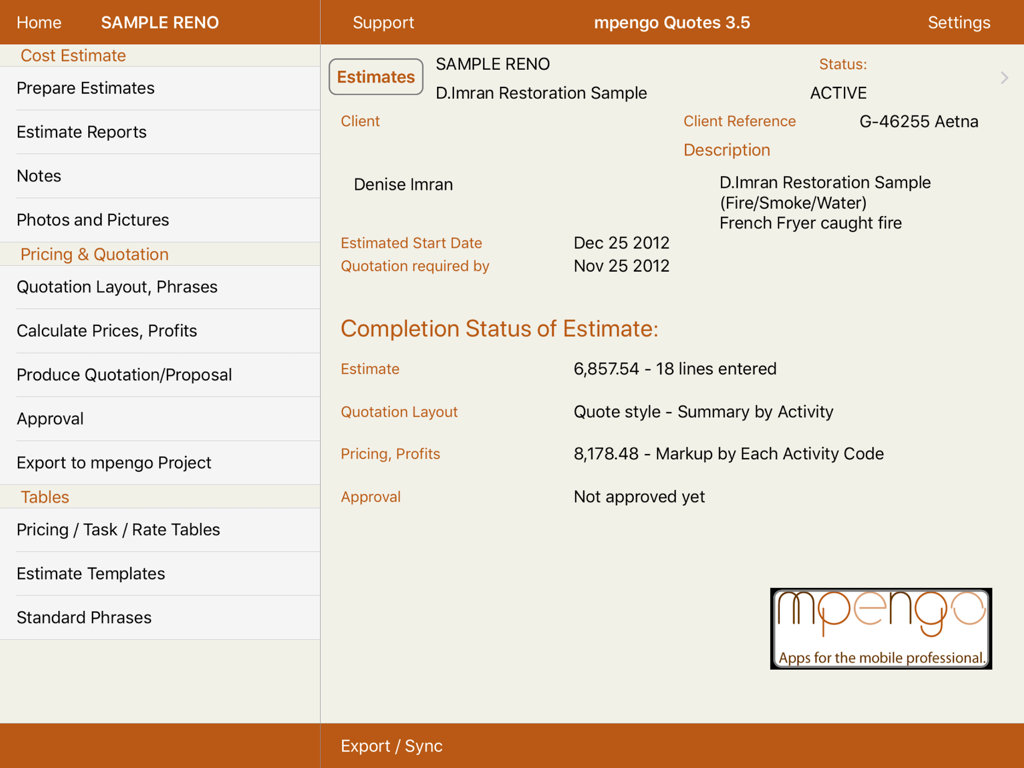 mpengo Quotes - The mpengo Quotes app dashboard on iPad displaying a restoration project estimate summary with pricing and approval status