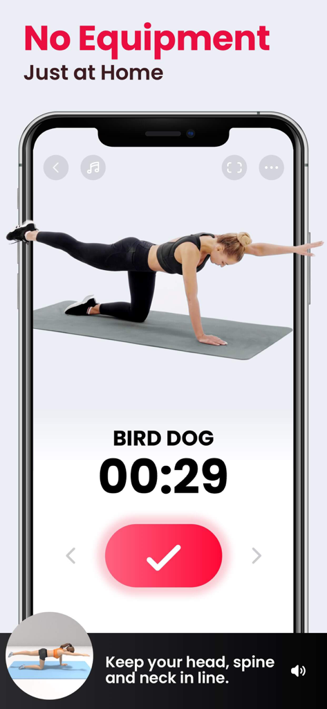 Women Workouts app interface showing a woman performing a bird dog exercise at home without equipment