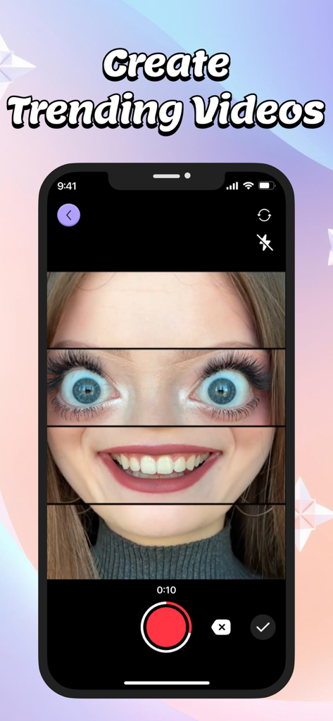Face Delay - Time Warp Scan - A mobile screen showing the Face Delay app interface with a distorted face using a viral eye trend scan effect.