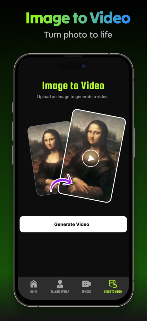 Vidify AI - AI Video Creator - Vidify AI app interface showcasing the image to video feature with an example of animating a static photo