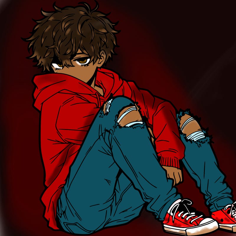 a male hoddie ripped jeans messy hair anime