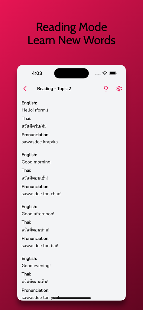 Thai Learning - Beginners - Reading mode screen displaying common Thai greetings with English translations and pronunciations