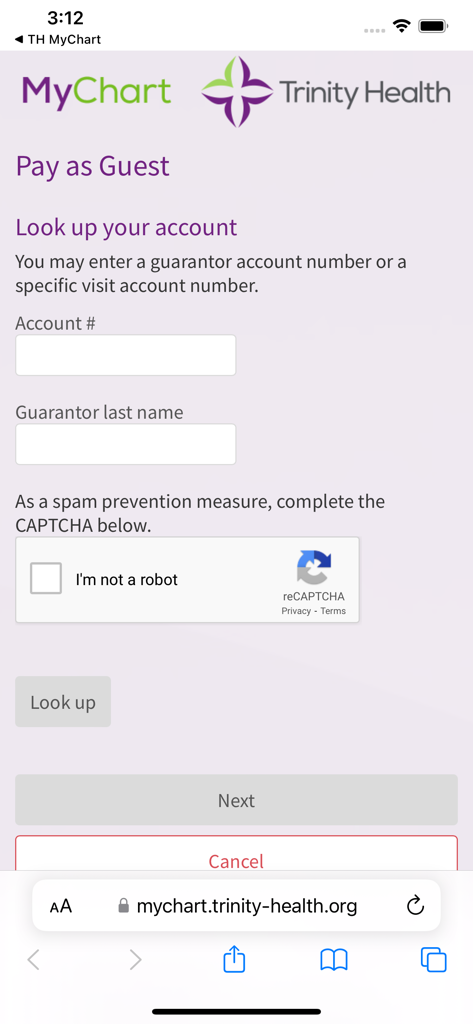 A screenshot of the Pay as Guest screen in the Trinity Health MyChart app with a form to look up a medical account using an account number and guarantor name.