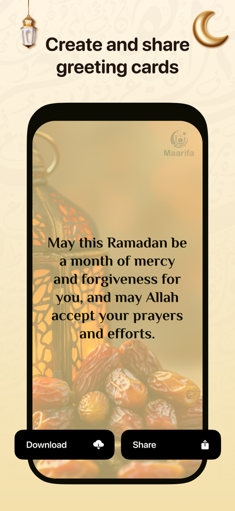 Pantalla de smartphone que muestra una función de la aplicación Maarifa para crear y compartir tarjetas de felicitación de Ramadán