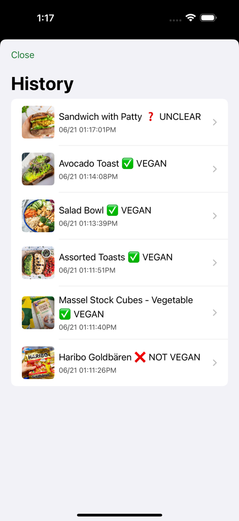 Vegan Check - A list of food items in the Vegan Check app history showing their vegan status with checkmarks and timestamps.