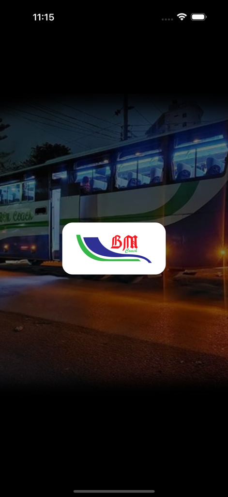 BM Coach - BM Coach app splash screen with company logo and luxury bus in the background