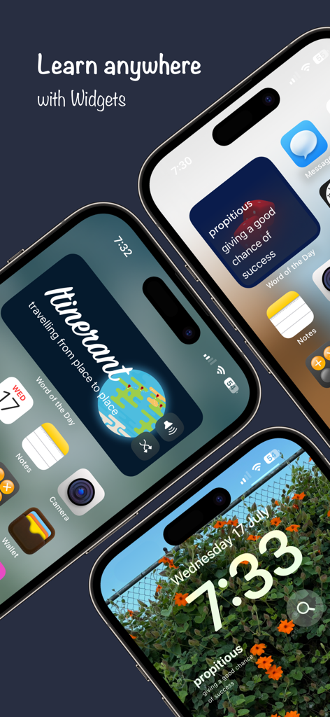 Word of the Day by LookUp - Widgets de Word of the Day by LookUp en las pantallas de inicio y bloqueo del iPhone que muestran las palabras de vocabulario 'itinerant' y 'propitious'.
