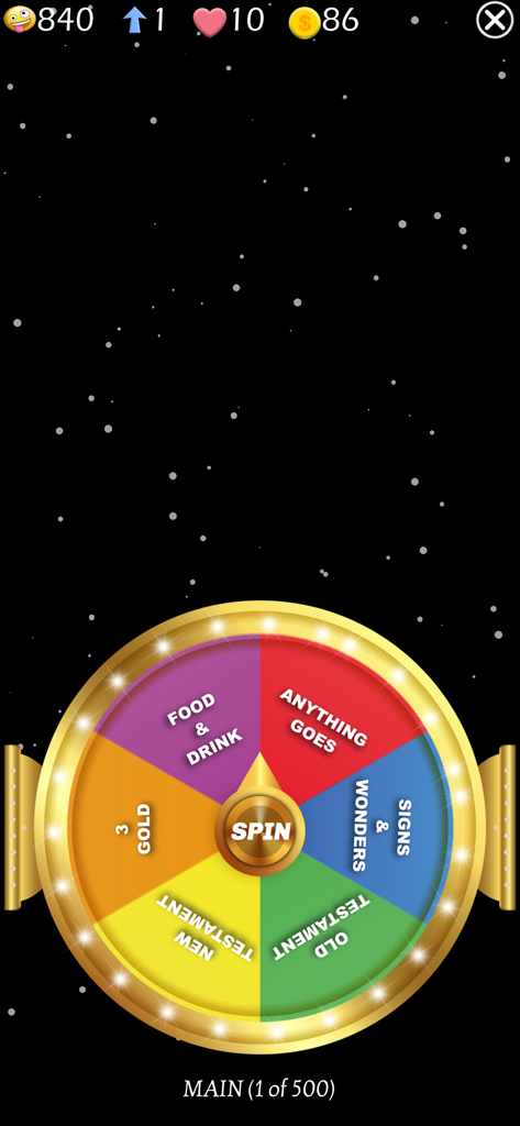 Jesus Bible Trivia Games Quiz - A colorful category spin wheel in the Jesus Bible Trivia game app featuring Old and New Testament topics.