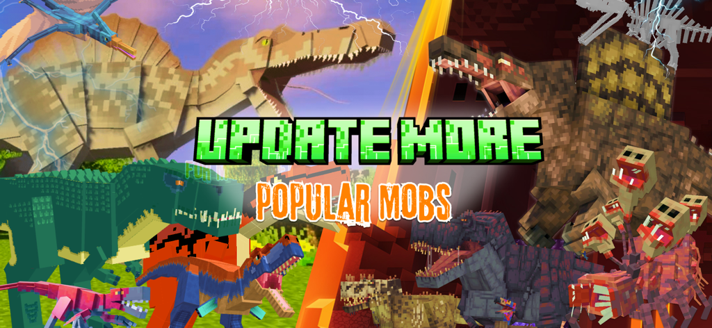 Collection of custom dinosaur mobs for Minecraft with text stating Update More Popular Mobs