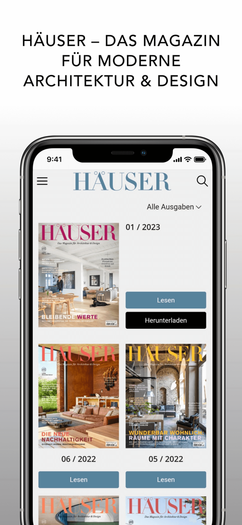 Mobile app interface of Hauser Magazin showing various digital issues on modern architecture