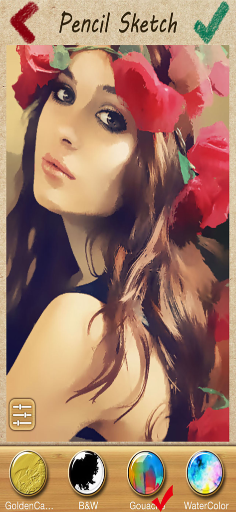 Un portrait de femme avec une couronne de fleurs utilisant un effet artistique à la gouache dans l'application Pencil Sketch