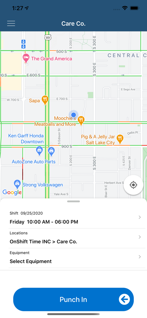OnShift Time - OnShift Time app interface with a map view and a blue punch in button for tracking work hours