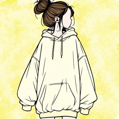 realistic girl with a oversized sweatshirt on and a bun