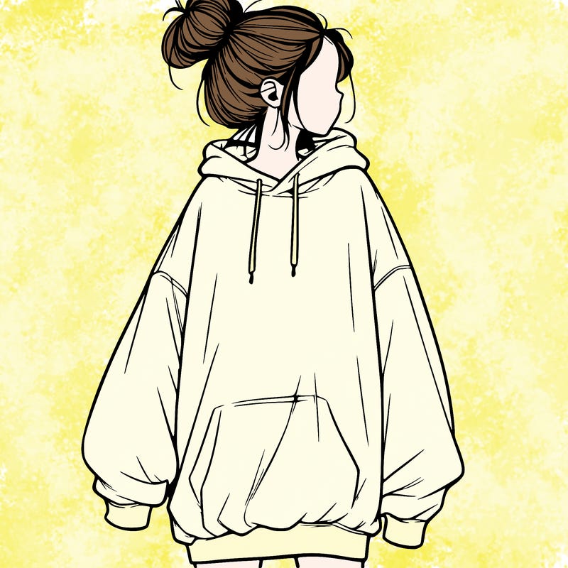 realistic girl with a oversized sweatshirt on and a bun