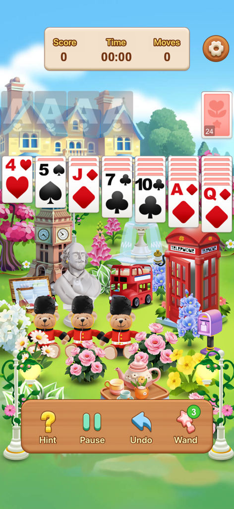 Cozy Garden - Plant Paradise - Jugabilidad del clásico juego de cartas solitario sobre un fondo de jardín con temática británica que presenta una cabina telefónica roja y un autobús de dos pisos.